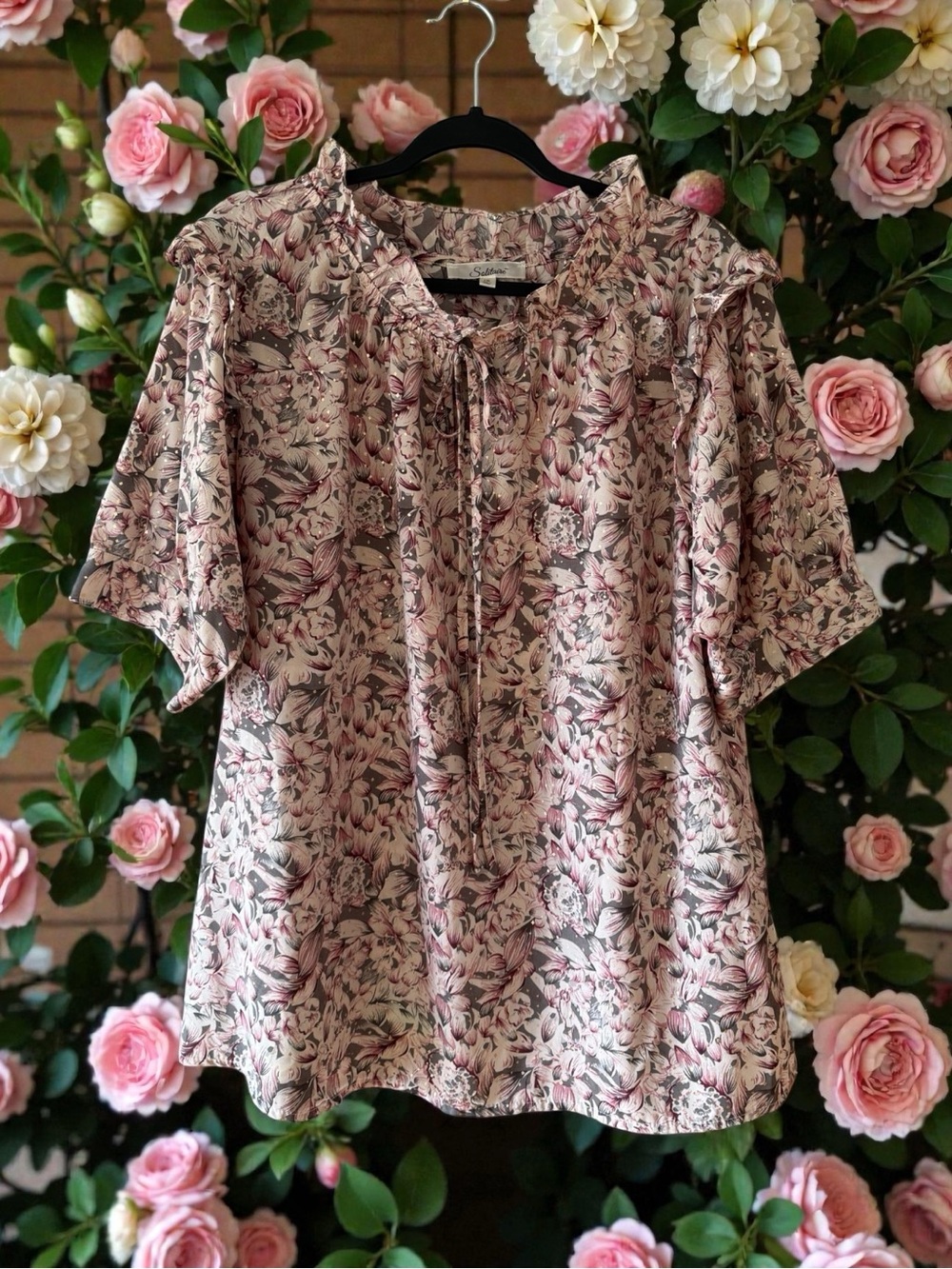 Solitaire Soft Tones Blush/Pink/Green Floral Print Top with Metallic Gold Dots